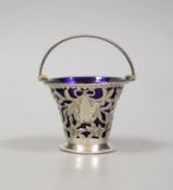 A late Victorian pierced pale-shaped small sugar basket, with cobalt glass liner, William Henry