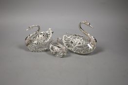A set of three graduated silver-mounted cut glass 'swan' bon bon dishes,