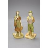 A pair of Royal Worcester blush figures of an Irishman and Irish girl, height 17cm