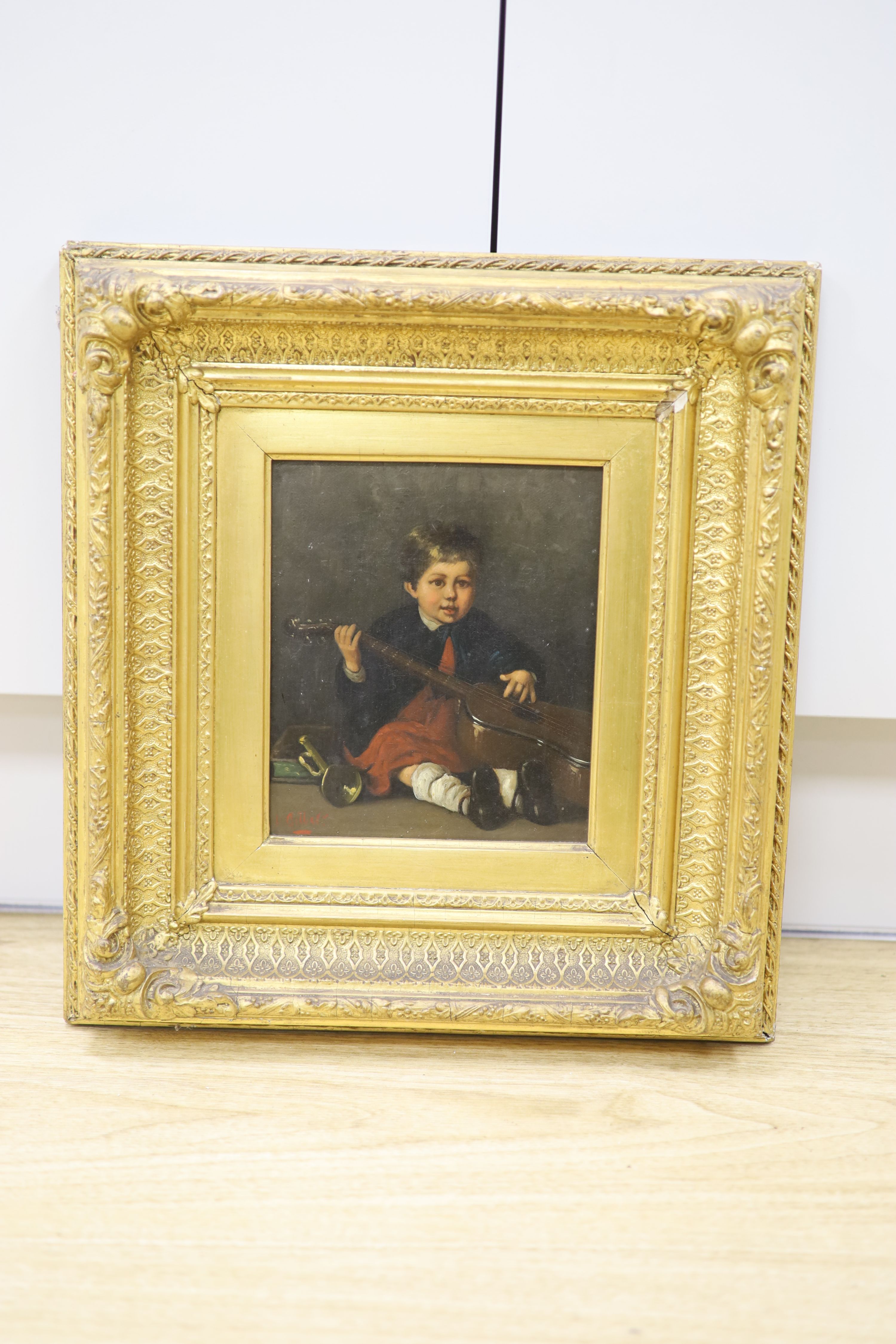 A. Gilbert (19th C.), oil on canvas, Portrait of a boy holding a guitar, signed, 20 x 17cm - Image 2 of 2