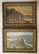 M. Braun (German School), pair of oils on board, Lodge beside a lake and Hilltop Castle, 10 x 15cm,