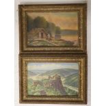 M. Braun (German School), pair of oils on board, Lodge beside a lake and Hilltop Castle, 10 x 15cm,