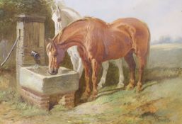 John Sturgess (1839-1903), oil on card, 'Members of The Blue Ribbon Army'; horses watering, signed,