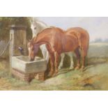 John Sturgess (1839-1903), oil on card, 'Members of The Blue Ribbon Army'; horses watering, signed,