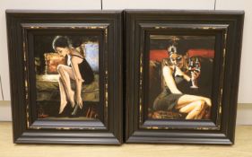 Fabian Perez, two hand embellished glicee canvases, Blue and Red III, 17/195 and Tess VII, 120/195,