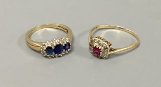 Two 9ct gold and gem set dress rings, including sapphire and diamond chip, gross 4.3 grams.