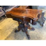 A 19th century continental folding rosewood card table, width 92cm, depth 46cm, height 80cm