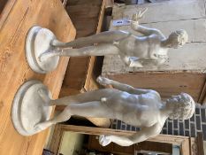 A pair of faux marble classical figures, larger 62cm high