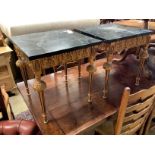 A pair of square giltwood side tables with variegated black marble tops, width 45cm, height 49cm