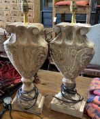 A pair of Italian style carved wood table lamps, height 46cm