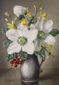 James Noble (1919-1989), oil on panel, 'Christmas Roses, Winter Jasmine and Pyracantha Berries',