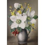 James Noble (1919-1989), oil on panel, 'Christmas Roses, Winter Jasmine and Pyracantha Berries',