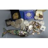 A quantity of mixed costume jewellery, an articulated fish, coins etc