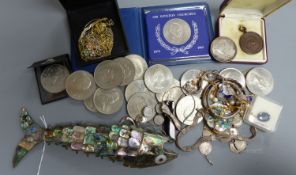 A quantity of mixed costume jewellery, an articulated fish, coins etc