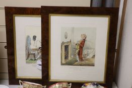 Two 19th century caricatures, 'Enjoying a pipe' and 'Swallowing a pill' (reprints), 28 x 23cm