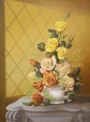 P. Patching, Still life of roses in a vase on a mantelpiece, indistinctly signed, oil on canvas, 60