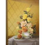 P. Patching, Still life of roses in a vase on a mantelpiece, indistinctly signed, oil on canvas, 60