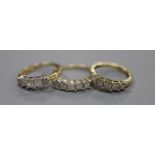 Two modern 9ct gold and five stone diamond set half hoop rings, sizes N & R/S gross 6.4 grams and a