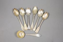 Seven assorted 19th century silver spoons including teaspoons and a sifter spoon, various dates and