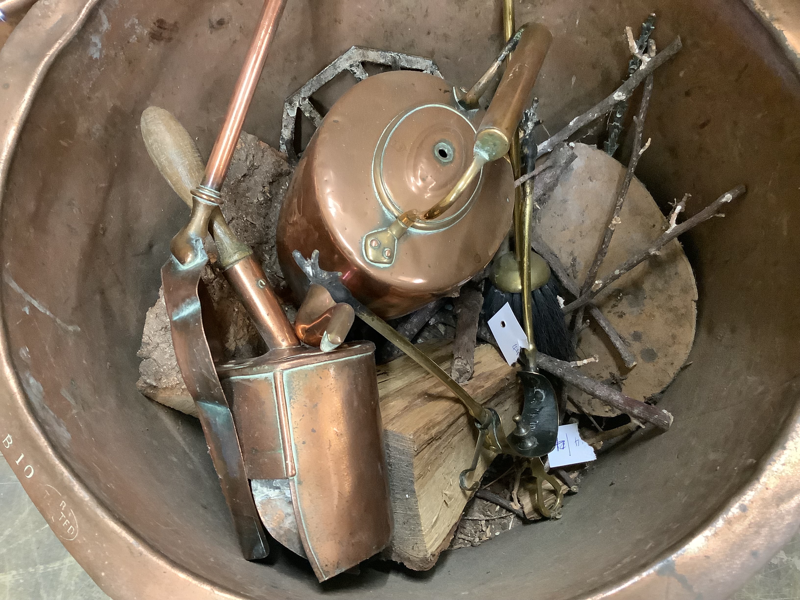 A Victorian copper copper, 49cm diameter, coal scuttle, kettle and assorted implements - Image 2 of 2