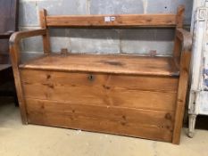 A Victorian stripped pine box settle, length 111cm, depth 45cm, height 78cm