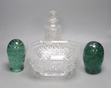 Two green glass dumps, a heavy cut glass bowl and a decanter