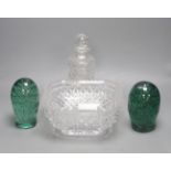 Two green glass dumps, a heavy cut glass bowl and a decanter