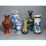 Three Chinese blue and white vases, a cloisonne enamel vase, another vase and a soapstone figure