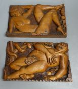 R.H. Harris, two carved wood panels, Adam and Eve, signed and dated 1939, 15 x 25cm