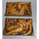 R.H. Harris, two carved wood panels, Adam and Eve, signed and dated 1939, 15 x 25cm