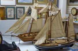 Two scratch built model boats, a clipper and a barge, larger 90 cm