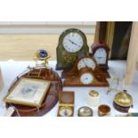 Miscellaneous items, including a brass counter bell, an oval inlaid mahogany galleried tray and