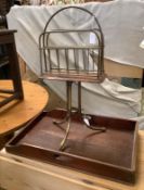 A brass framed tripod magazine stand together with a Victorian mahogany butler's tray, width 67cm,