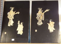 Two Japanese Shibayama style panels of bijin,with bone and ivory inlay on a black-lacquered ground,