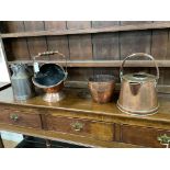 A Victorian copper coal scuttle, milk pail and two others