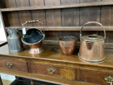 A Victorian copper coal scuttle, milk pail and two others