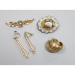 An Edwardian 15ct and seed pearl set bar brooch, 47mm, gross 4 grams, two pairs of 9ct earrings,