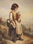 19th century French School, oil on canvas, Girl holding a doll standing upon the seashore, 21 x