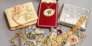 Mixed jewellery including silver bracelet, costume jewellery and a cigarette case.