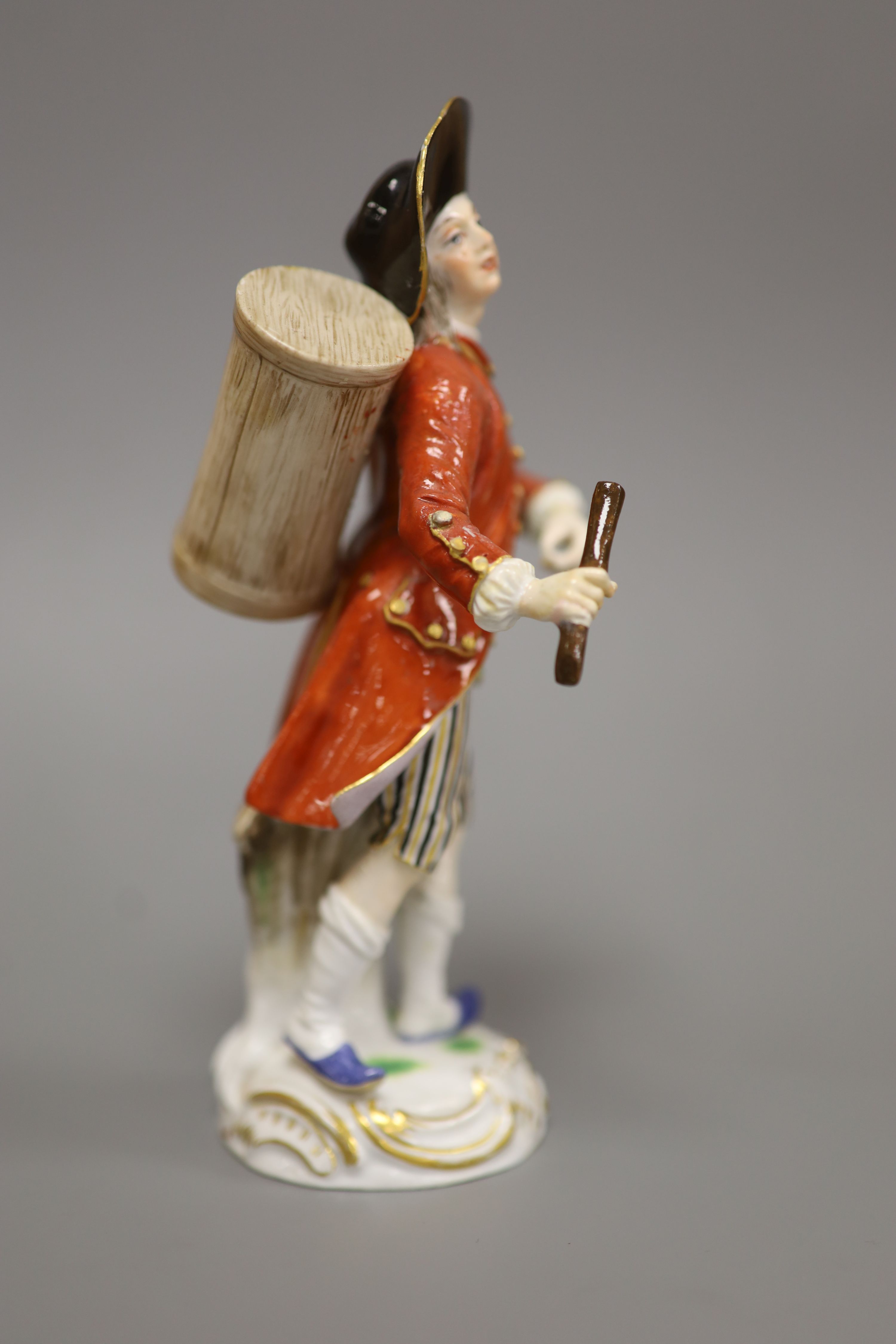 A late Meissen porcelain figure of a drummer boy, polychrome-decorated on scrolled base, height - Image 2 of 5