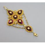 A 19th century yellow metal, foil backed garnet, seed pearl and diamond set drop pendant (adapted),