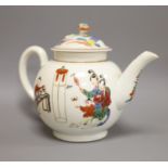 A Worcester teapot and cover painted with Oriental figures in various pursuits, c.1770, height 13cm