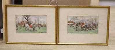 Moira Hoddell, two watercolours, 'The Meet at Offham' and 'Hunting Folk', signed, largest 10 x 17cm