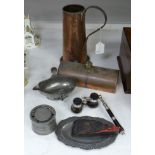 Miscellaneous items, including a pewter inkwell, three pairs of cut steel scissors, leather-cased,