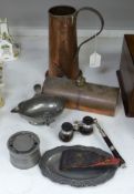 Miscellaneous items, including a pewter inkwell, three pairs of cut steel scissors, leather-cased,