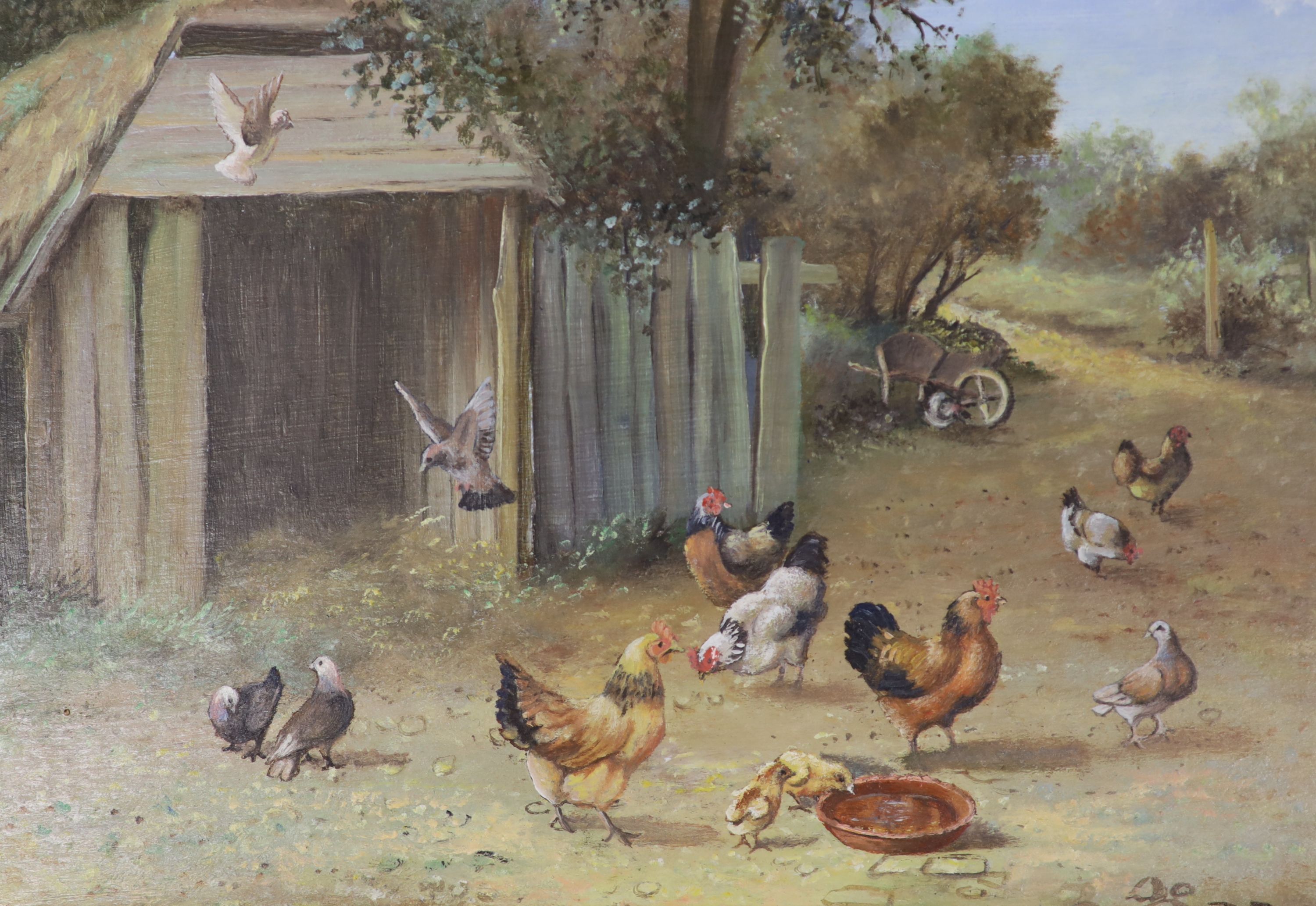 D.E., two oils on panel, Chickens in farmyards, 13 x 14cm and 13 x 19cm - Image 3 of 4