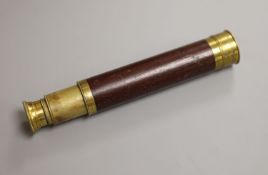 An early 20th century brass and mahogany three drawer telescope, overall length 40.5cm extended