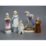Three Royal Worcester figures, 'Saturday's Child', 'Monday's Child' and 'Polly Put the Kettle On'