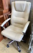 A modern white leather and chrome swivel desk armchair, width 63cm, height 106cm