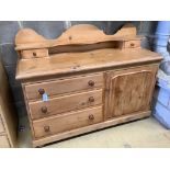 A Victorian pale pine low dresser, width 136cm, depth 51cm, height 104cm